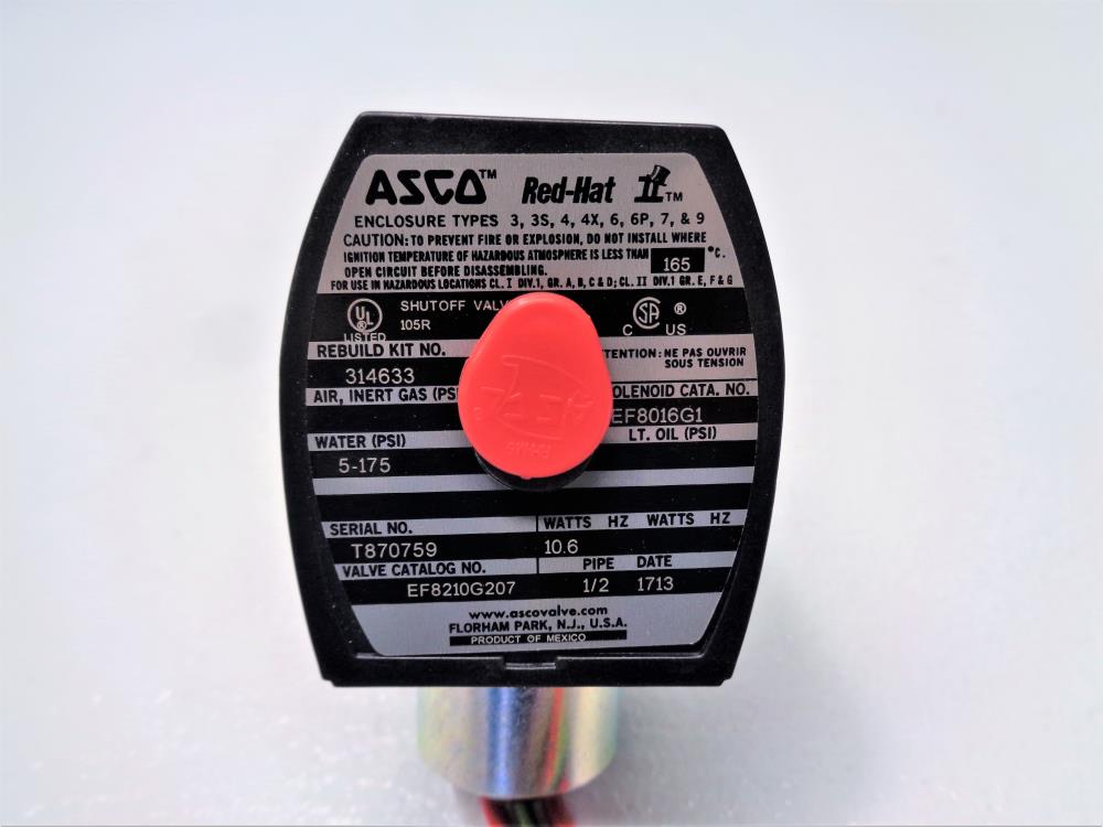 ASCO Red Hat 1/2" NPT 2-Way Solenoid Valve, Brass EF8210G207, EF8016G1